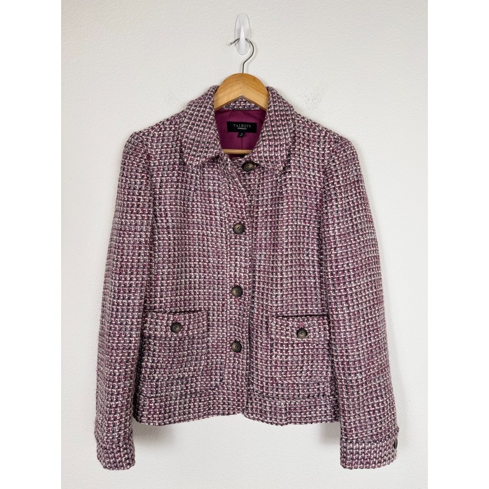 Talbots Blazer Size 10 Pink Tweed Wool Blend Lined Jacket preppy Office Career